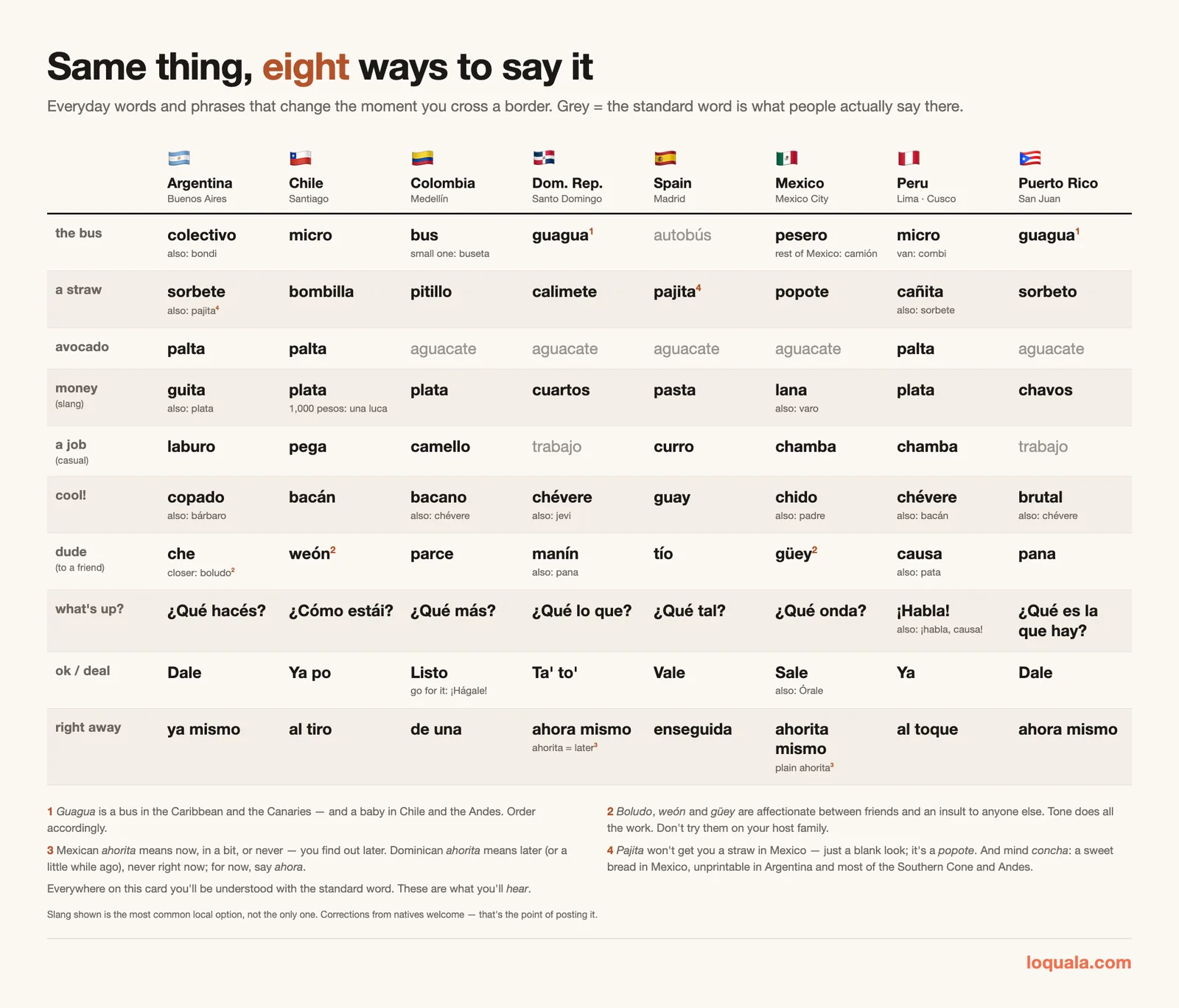 Table: ten everyday words — the bus, a straw, avocado, money, a job, cool, dude, what's up, ok, right away — as said in Buenos Aires, Santiago, Medellín, Santo Domingo, Madrid, Mexico City, Lima and San Juan